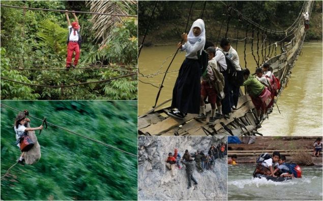 Bu küçük çocuklar okula gitmek için her gün uçurumların kenarlarından, yıkılmış köprülerden geçmek zorunda...