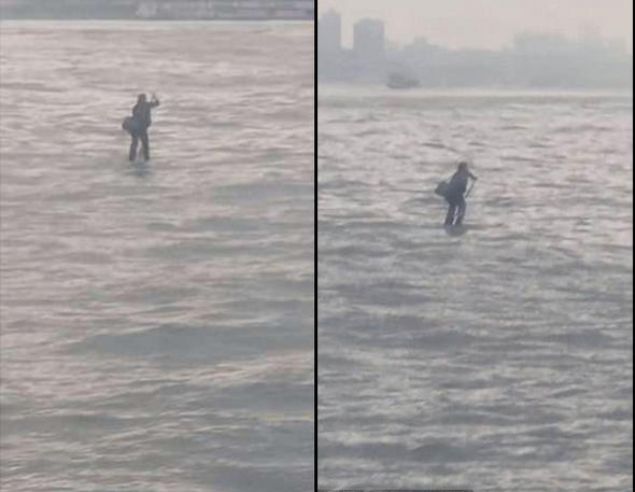 New York’ta Hudson Nehri üzerinde seyahat eden vapur yolcularını şaşırtan bir olay yaşandı. Geçen Perşembe yaşanan olayda, yolcular tarafından, nehrin üstünde giden bir adam videoya kaydedildi.