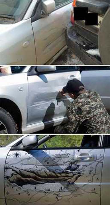 Bazı otomobil sürücüleri, hasar gören araçlarını tuval olarak kullanıp ortaya yaratıcı eserler çıkarabiliyor.