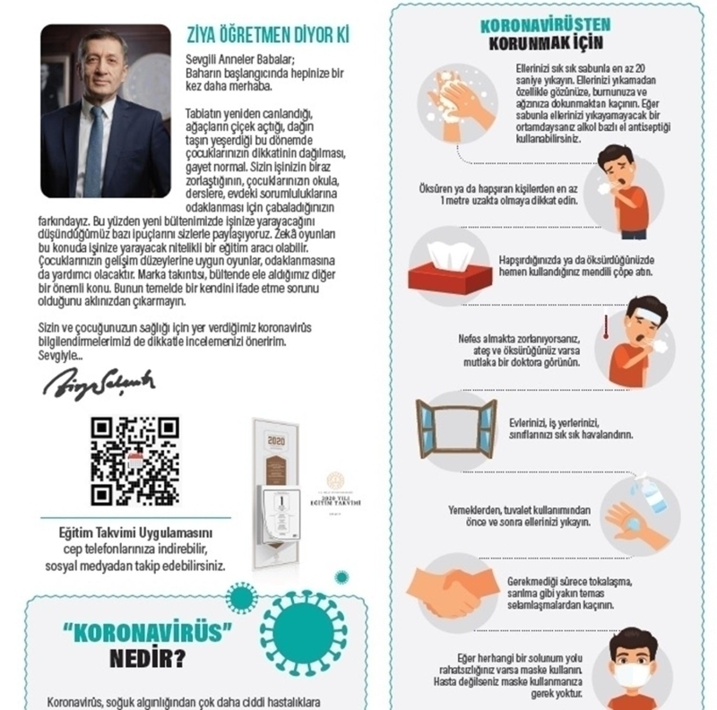 MLL Eitim Bakanl (MEB) tarafndan rencilere datlan aylk blten 'BZDEN'de, koronavirs salgnndan korunma yollar anlatld.
