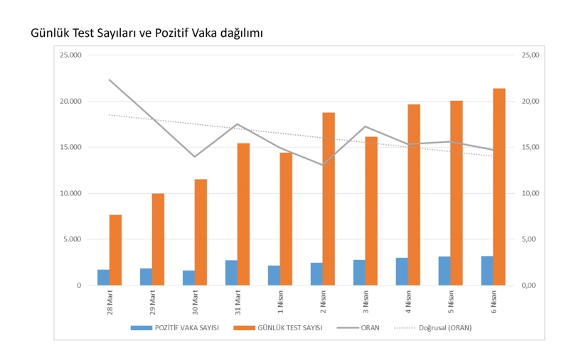 <p>Gnlk test saylar ve Pozitif vaka dalm</p>