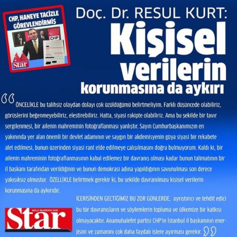 <p><b>'KİŞİSEL VERİLERİN KORUNMASINA DA AYKIRI'</b></p><p><br></p><p>Öncelikle bu talihsiz olaydan dolayı çok üzüldüğümü belirtmeliyim. Farklı düşüncede olabiliriz, görüşlerini beğenmeyebiliriz, eleştirebiliriz. Hatta, siyasi rakipte olabiliriz. Ama bu şekilde bir tavır sergilenmesi, bir ailenin mahreminin fotoğraflanması yanlıştır. Sayın Cumhurbaşkanımızın en yakınında yer alan önemli bir devlet adamının ve saygın bir akademisyenin güya siyasi bir rekabete alet edilmesi, bunun üzerinden siyasi rant elde edilmeye çalışılmasını doğru bulmuyorum.</p><p>Kaldı ki, bir ailenin mahreminin fotoğraflanmasının kabul edilemez bir davranış olması kadar bunun talimatının bir il başkanı tarafından verildiğinin ve bunun demokrasi adına yapıldığının savunulması son derece yakışıksız olmuştur. Özellikle belirtmek gerekir ki, bu şekilde davranılması kişisel verilerin korunmasına da aykırıdır.</p><p>İçerisinden geçtiğimiz bu zor günlerde, ayrıştırıcı ve tehdit edici bu tür davranışların ve söylemlerin topluma ve ülkemize bir katkısı olmayacaktır. Anamuhalefet partisi CHP'in İstanbul il başkanının enerjisini ve zamanını çok daha faydalı işlere ayırması gerekir.</p>