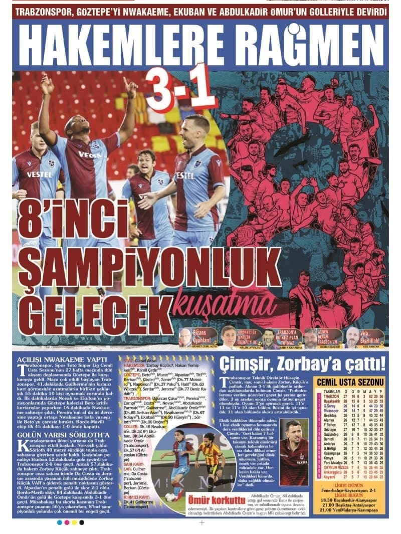 <p>Taka gazetesi de ilk sayfasında 'Trabzonspor lige verilen aranın ardından şampiyonluk yolunda bir 3 puan daha aldı', 'Bu fırtınayı çok özledik' başlığını kullandığı galibiyete ilişkin haberini, arka sayfasında 'Trabzonspor, Göztepe'yi Nwakaeme, Ekuban ve Abdulkadir Ömür'ün golleriyle devirdi', 'Hakemlere rağmen 3-1', '8. şampiyonluk gelecek' başlıklarıyla okuyucularına aktardı.</p>