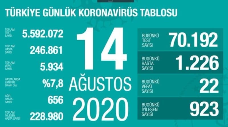 <p>Türkiye'de koronavirüs tablosu: Gün gün Ağustos ayı koronavirüs vakaları</p>