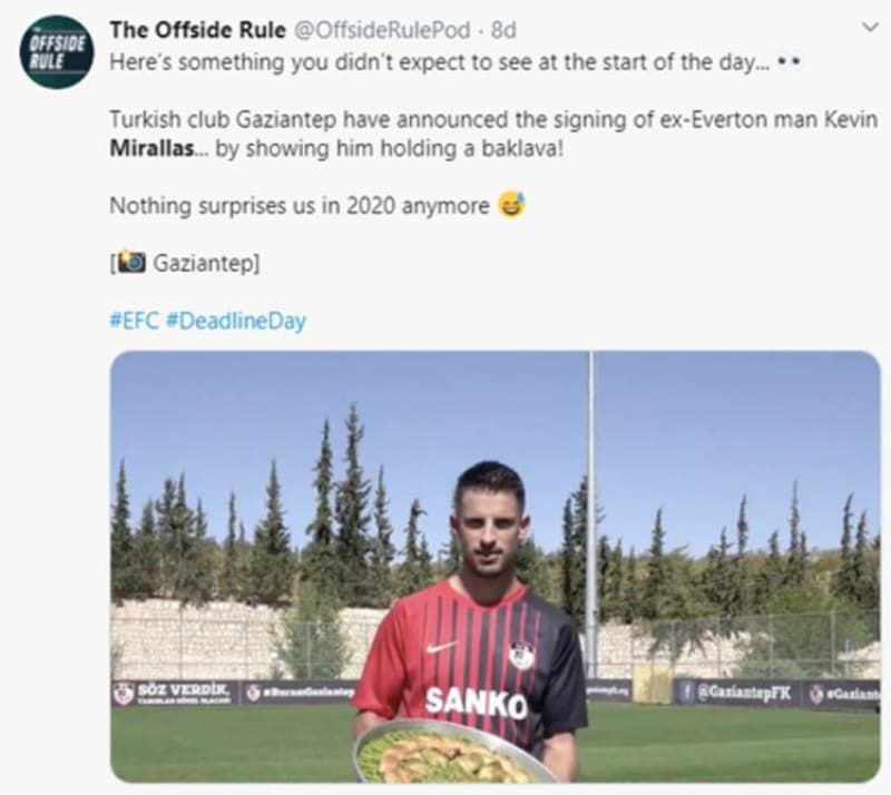 <p><b>The Offside Rule:</b> te gne balarken grmeyi hi beklemediimiz bir ey... Trk kulb Gaziantep eski Everton yldz Kevin Mirallas' duyurdu.. Elinde tuttuu baklavay gsterirken! Artk 2020'de bizi hibir ey artamaz'</p>