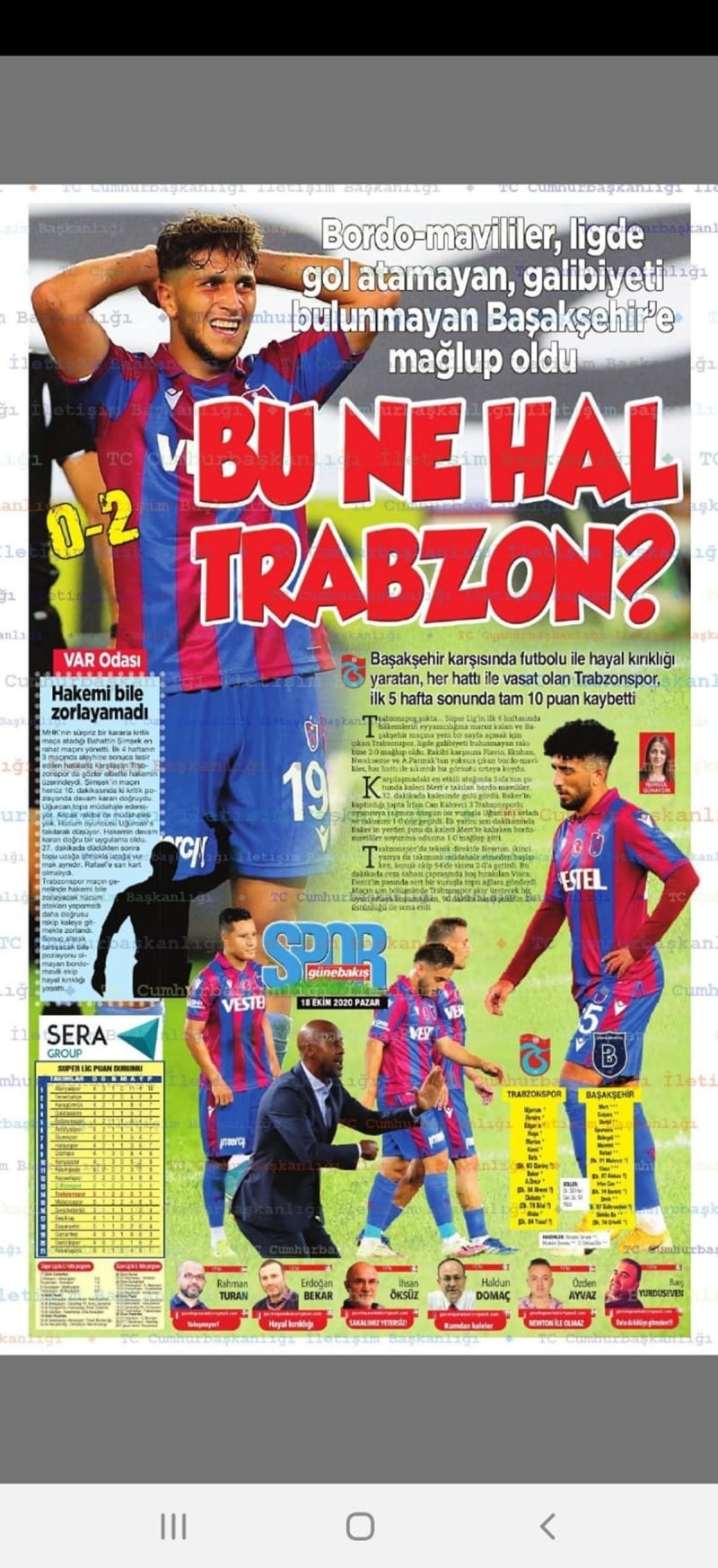 <p><b>Günebakış Gazetesi: </b>“Bordo mavililer ligde gol atamayan Başakşehir’e mağlup oldu; Bu ne hal Trabzon”</p>