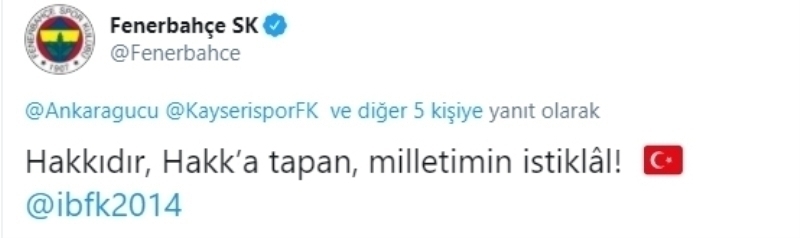 <p>Fenerbahçe Kulübü de etkinliğe katılan tüm takımları etiketleyerek, “Hakkıdır, Hakk’a tapan, milletimin istiklal!” paylaşımında bulundu.</p>