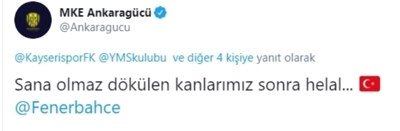 <p> “Sana olmaz dökülen kanlarımız sonra helal...” paylaşımında bulunan Ankaragücü de gönderinin sonuna Fenerbahçe’yi etiketledi.</p>