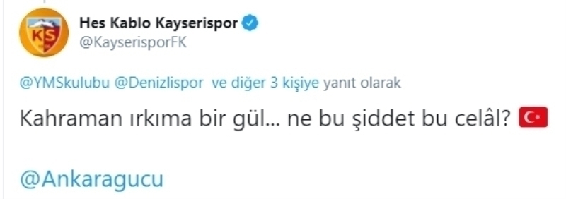 <p>“Kahraman ırkıma bir gül! Ne bu şiddet, bu celal?' paylaşımı ile etkinliğe katılan Kayseri temsilcisi, Ankaragücü’nü etiketledi.</p>