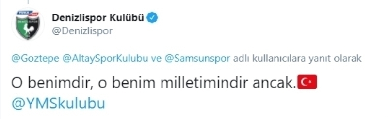 <p>Etkinliğe, “O benimdir, o benim milletimindir ancak” yazarak destek olan Denizli temsilcisi, Yeni Malatyaspor’u etiketledi.</p>