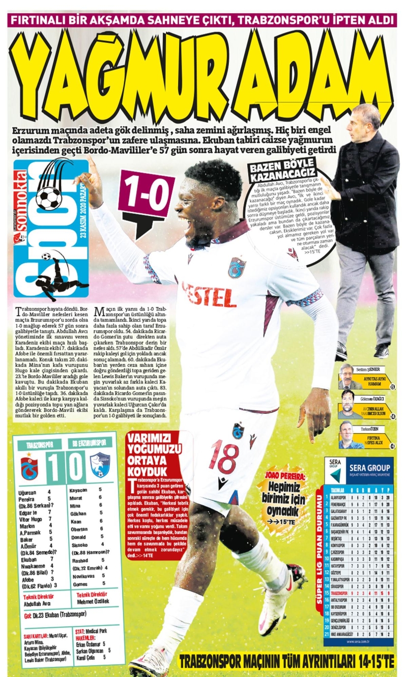 <p><b>Sonnokta Gazetesi: </b>“Yağmur adam”, “Ekuban Fırtınalı bir akşamda sahneye çıktı, Trabzonspor’u ipten aldı.”</p>