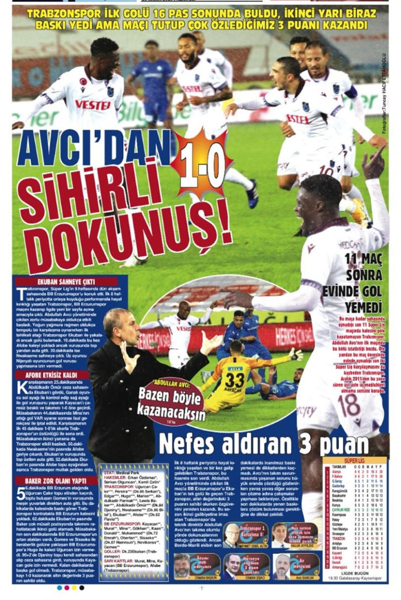 <p><b>Taka Gazetesi:</b> “Avcı’dan sihirli dokunuş!”, “Trabzonspor ilk golü 16 pas sonunda buldu, ikinci yarı biraz baskı yedi ama maçı tutup çok özlediğimiz 3 puanı kazandı.” </p>