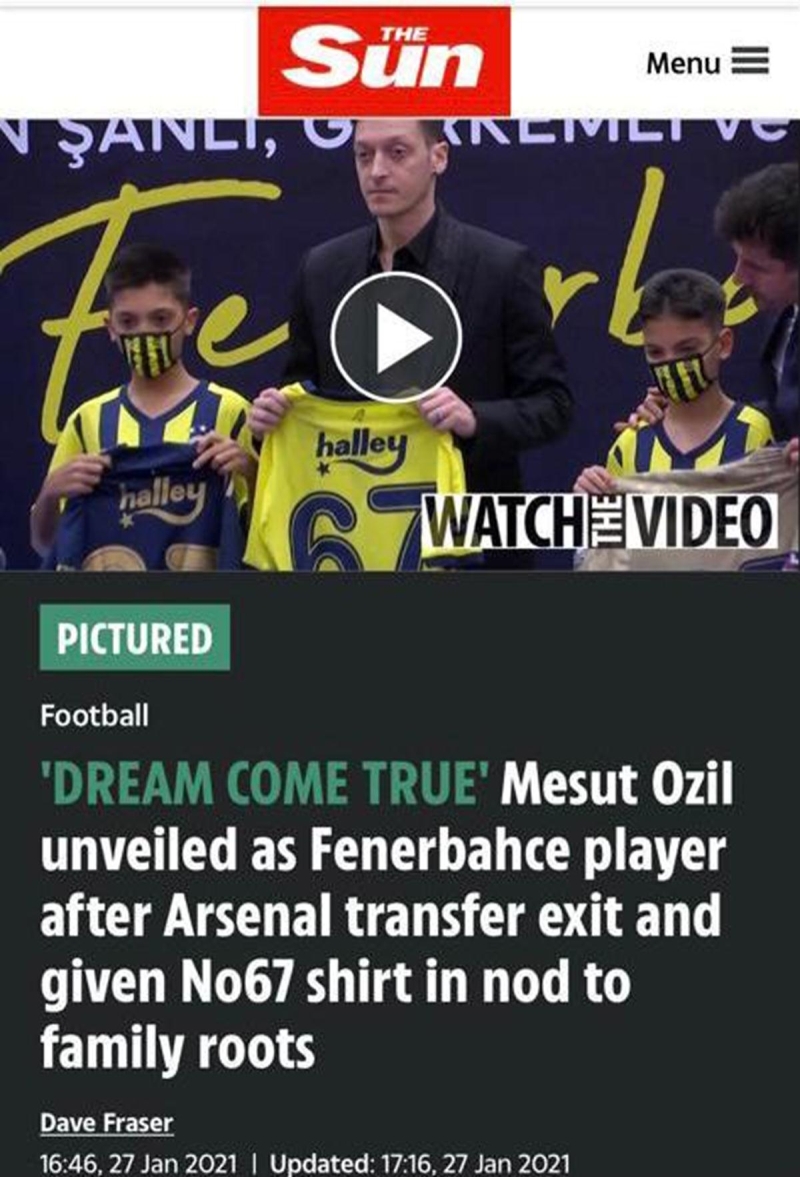 <p><b>THE SUN: HAYAL GERÇEK OLUYOR</b></p><p><br></p><p>İngiliz The Sun Gazetesi de, 'Hayal gerçek oluyor' başlığıyla verdiği haberinde, <b>'Mesut Özil, Arsenal'den ayrılmasının ardından Fenerbahçe'ye imzayı attı. Özil, ailesi ile birlikte sevenlerini selamlayarak 67 numaralı forması ile poz verdi'</b> ifadelerini kullandı.</p>