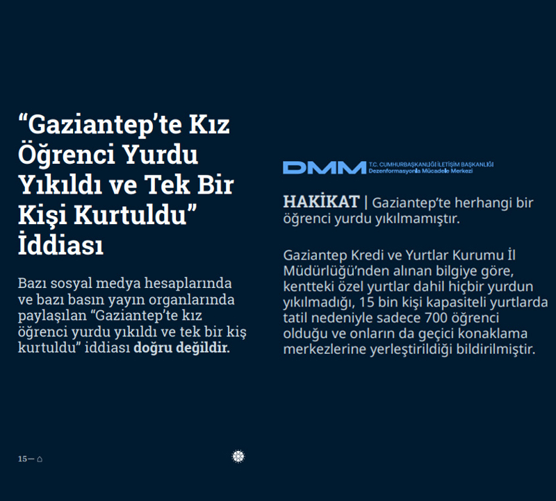 <p><b>'Gaziantep'te Kız Öğrenci Yurdu Yıkıldı ve Tek Bir Kişi Kurtuldu' İddiası <br></b><br>Bazı sosyal medya hesaplarında ve bazı basın yayın organlarında paylaşılan 'Gaziantep'te kız öğrenci yurdu yıkıldı ve tek bir kişi kurtuldu' iddiası doğru değildir.</p><p><br></p><p><b>HAKİKAT</b> | Gaziantep'te herhangi bir öğrenci yurdu yıkılmamıştır. Gaziantep Kredi ve Yurtlar Kurumu İl Müdürlüğü'nden alınan bilgiye göre, kentteki özel yurtlar dahil hiçbir yurdun yıkılmadığı, 15 bin kişi kapasiteli yurtlarda tatil nedeniyle sadece 700 öğrenci olduğu ve onların da geçici konaklama merkezlerine yerleştirildiği bildirilmiştir.<br></p>