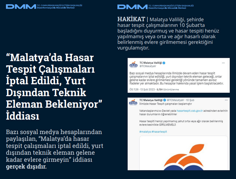 <p><b>'Malatya'da Hasar Tespit Çalışmaları İptal Edildi, Yurt Dışından Teknik Eleman Bekleniyor' İddiası<br></b><p><b><br></b><p>Bazı sosyal medya hesaplarından paylaşılan, 'Malatya'da hasar tespit çalışmaları iptal edildi, yurt dışından teknik eleman gelene kadar evlere girmeyin' iddiası gerçek dışıdır.<br><p><b><br></b><p><b>HAKİKAT</b> | Malatya Valiliği, şehirde hasar tespit çalışmalarının 10 Şubat'ta başladığını duyurmuş ve hasar tespiti henüz yapılmamış veya orta ve ağır hasarlı olarak belirlenmiş evlere girilmemesi gerektiğini vurgulamıştır.<b><br></b></p></p></p></p></p>