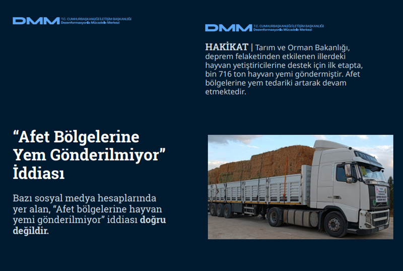 <p><b>'Afet Bölgelerine Yem Gönderilmiyor' İddiası <br></b><br>Bazı sosyal medya hesaplarında yer alan, 'Afet bölgelerine hayvan yemi gönderilmiyor' iddiası doğru değildir.<br><b><br>HAKİKAT</b> | Tarım ve Orman Bakanlığı, deprem felaketinden etkilenen illerdeki hayvan yetiştiricilerine destek için ilk etapta, bin 716 ton hayvan yemi göndermiştir. Afet bölgelerine yem tedariki artarak devam etmektedir.<br></p>