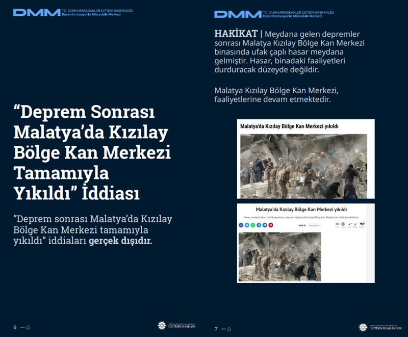 <p><b>'Deprem Sonrası Malatya'da Kızılay Bölge Kan Merkezi Tamamıyla Yıkıldı' İddiası<br></b><p><b><br></b><p><b> </b>'Deprem sonrası Malatya'da Kızılay Bölge Kan Merkezi tamamıyla yıkıldı' iddiaları gerçek dışıdır.<br><br><b>HAKİKAT</b> | Meydana gelen depremler sonrası Malatya Kızılay Bölge Kan Merkezi binasında ufak çaplı hasar meydana gelmiştir. Hasar, binadaki faaliyetleri durduracak düzeyde değildir. Malatya Kızılay Bölge Kan Merkezi, faaliyetlerine devam etmektedir<br></p></p></p>