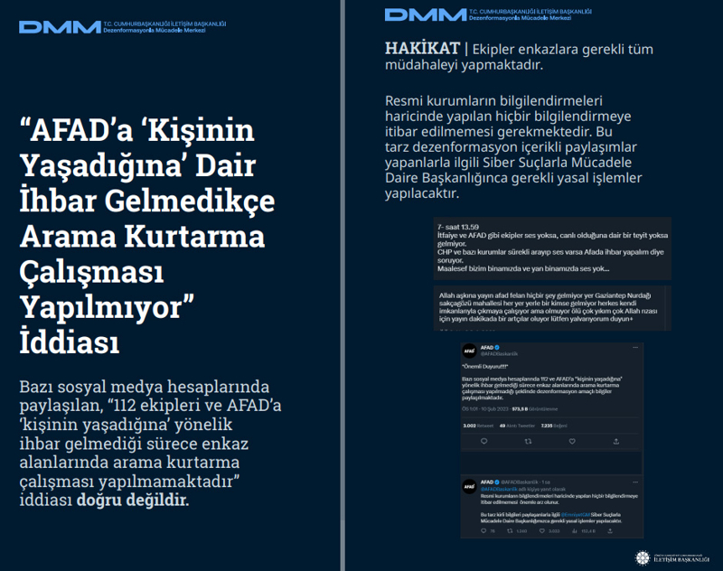 <p><b>'AFAD'a 'Kişinin Yaşadığına' Dair İhbar Gelmedikçe Arama Kurtarma Çalışması Yapılmıyor' İddiası</b> <br><br>Bazı sosyal medya hesaplarında paylaşılan, '112 ekipleri ve AFAD'a 'kişinin yaşadığına' yönelik ihbar gelmediği sürece enkaz alanlarında arama kurtarma çalışması yapılmamaktadır' iddiası doğru değildir.<br><br><b>HAKİKAT</b> | Ekipler enkazlara gerekli tüm müdahaleyi yapmaktadır. Resmi kurumların bilgilendirmeleri haricinde yapılan hiçbir bilgilendirmeye itibar edilmemesi gerekmektedir. Bu tarz dezenformasyon içerikli paylaşımlar yapanlarla ilgili Siber Suçlarla Mücadele Daire Başkanlığınca gerekli yasal işlemler yapılacaktır.<br></p>