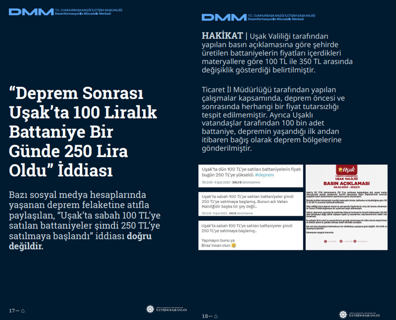 <p><b>'Deprem Sonrası Uşak'ta 100 Liralık Battaniye Bir Günde 250 Lira Oldu' İddiası <br></b><br>Bazı sosyal medya hesaplarında yaşanan deprem felaketine atıfla paylaşılan, 'Uşak'ta sabah 100 TL'ye satılan battaniyeler şimdi 250 TL'ye satılmaya başlandı' iddiası doğru değildir.<br><br><b>HAKİKAT </b>| Uşak Valiliği tarafından yapılan basın açıklamasına göre şehirde üretilen battaniyelerin fiyatları içerdikleri materyallere göre 100 TL ile 350 TL arasında değişiklik gösterdiği belirtilmiştir. Ticaret İl Müdürlüğü tarafından yapılan çalışmalar kapsamında, deprem öncesi ve sonrasında herhangi bir fiyat tutarsızlığı tespit edilmemiştir. Ayrıca Uşaklı vatandaşlar tarafından 100 bin adet battaniye, depremin yaşandığı ilk andan itibaren bağış olarak deprem bölgelerine gönderilmiştir.<br></p>
