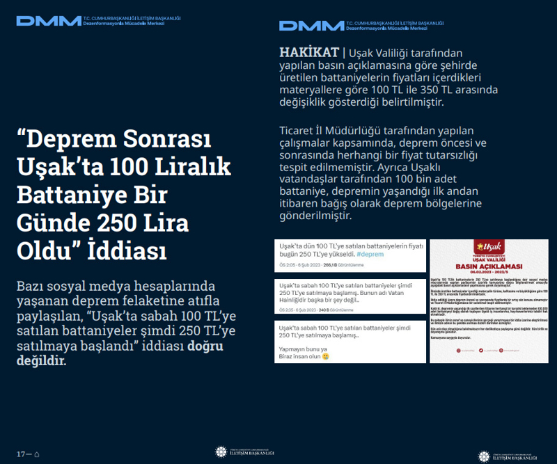<p><b>'Deprem Sonrası Uşak'ta 100 Liralık Battaniye Bir Günde 250 Lira Oldu' İddiası</b> <br><br>Bazı sosyal medya hesaplarında yaşanan deprem felaketine atıfla paylaşılan, 'Uşak'ta sabah 100 TL'ye satılan battaniyeler şimdi 250 TL'ye satılmaya başlandı' iddiası doğru değildir.</p><p><br></p><p><b>HAKİKAT</b> | Uşak Valiliği tarafından yapılan basın açıklamasına göre şehirde üretilen battaniyelerin fiyatları içerdikleri materyallere göre 100 TL ile 350 TL arasında değişiklik gösterdiği belirtilmiştir. Ticaret İl Müdürlüğü tarafından yapılan çalışmalar kapsamında, deprem öncesi ve sonrasında herhangi bir fiyat tutarsızlığı tespit edilmemiştir. Ayrıca Uşaklı vatandaşlar tarafından 100 bin adet battaniye, depremin yaşandığı ilk andan itibaren bağış olarak deprem bölgelerine gönderilmiştir.<br></p>