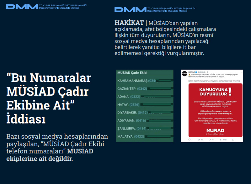 <p><b>'Bu Numaralar MÜSİAD Çadır Ekibine Ait' İddiası</b> <br><br>Bazı sosyal medya hesaplarından paylaşılan, 'MÜSİAD Çadır Ekibi telefon numaraları' MÜSİAD ekiplerine ait değildir.<br><br><b>HAKİKAT</b> | MÜSİAD'dan yapılan açıklamada, afet bölgesindeki çalışmalara ilişkin tüm duyuruların, MÜSİAD'ın resmî sosyal medya hesaplarından yapılacağı belirtilerek yanıltıcı bilgilere itibar edilmemesi gerektiği vurgulanmıştır.<br></p>