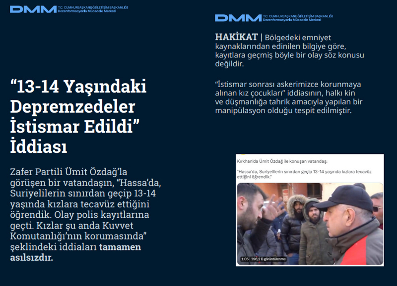 <p><b>'13-14 Yaşındaki Depremzedeler İstismar Edildi' İddiası <br></b><br>Zafer Partili Ümit Özdağ'la görüşen bir vatandaşın, 'Hassa'da, Suriyelilerin sınırdan geçip 13-14 yaşında kızlara tecavüz ettiğini öğrendik. Olay polis kayıtlarına geçti. Kızlar şu anda Kuvvet Komutanlığı'nın korumasında' şeklindeki iddiaları tamamen asılsızdır.<br><br><b>HAKİKAT</b> | Bölgedeki emniyet kaynaklarından edinilen bilgiye göre, kayıtlara geçmiş böyle bir olay söz konusu değildir. 'İstismar sonrası askerimizce korunmaya alınan kız çocukları' iddiasının, halkı kin ve düşmanlığa tahrik amacıyla yapılan bir manipülasyon olduğu tespit edilmiştir.<br></p>