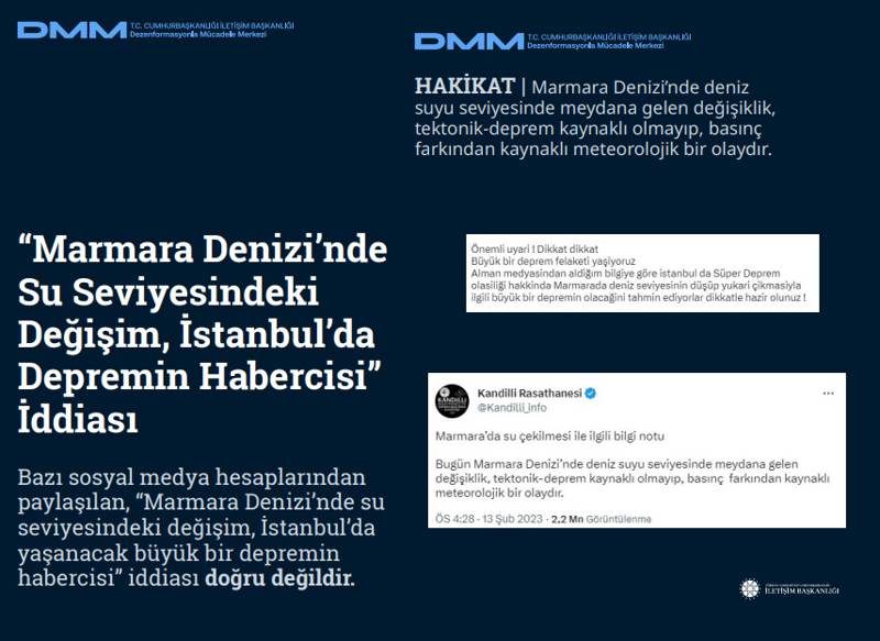 <p><b>'Marmara Denizi'nde Su Seviyesindeki Değişim, İstanbul'da Depremin Habercisi' İddiası <br></b><br>Bazı sosyal medya hesaplarından paylaşılan, 'Marmara Denizi'nde su seviyesindeki değişim, İstanbul'da yaşanacak büyük bir depremin habercisi' iddiası doğru değildir.<br><b><br>HAKİKAT</b> | Marmara Denizi'nde deniz suyu seviyesinde meydana gelen değişiklik, tektonik-deprem kaynaklı olmayıp, basınç farkından kaynaklı meteorolojik bir olaydır.<br></p>