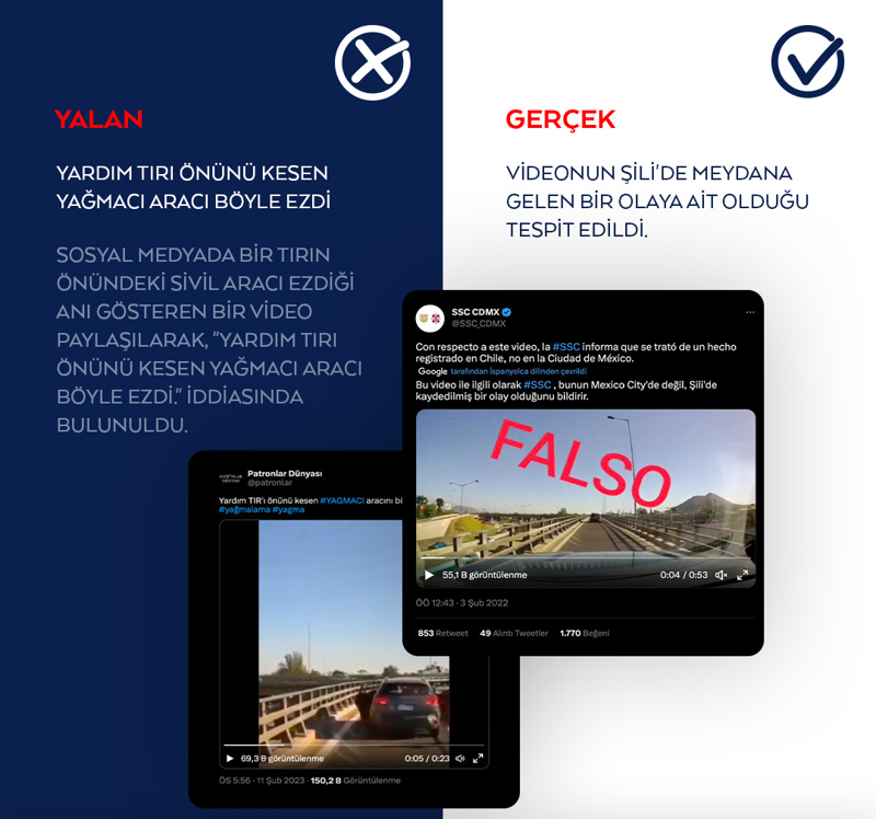 <p>Sosyal medyada bir tırın önündeki sivil aracı ezdiği anı gösteren bir video paylaşılarak, 'Yardım tırı önünü kesen yağmacı aracı böyle ezdi.' iddiasında bulunuldu.</p>