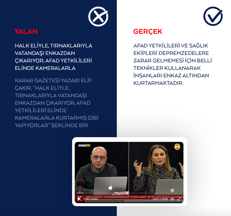 <p>Karar Gazetesi Yazarı Elif Çakır, 'Halk eliyle, tırnaklarıyla vatandaşı enkazdan çıkarıyor, AFAD yetkilileri elinde kameralarla kurtarmış gibi yapıyorlar' şeklinde bir iddiada bulundu.</p>