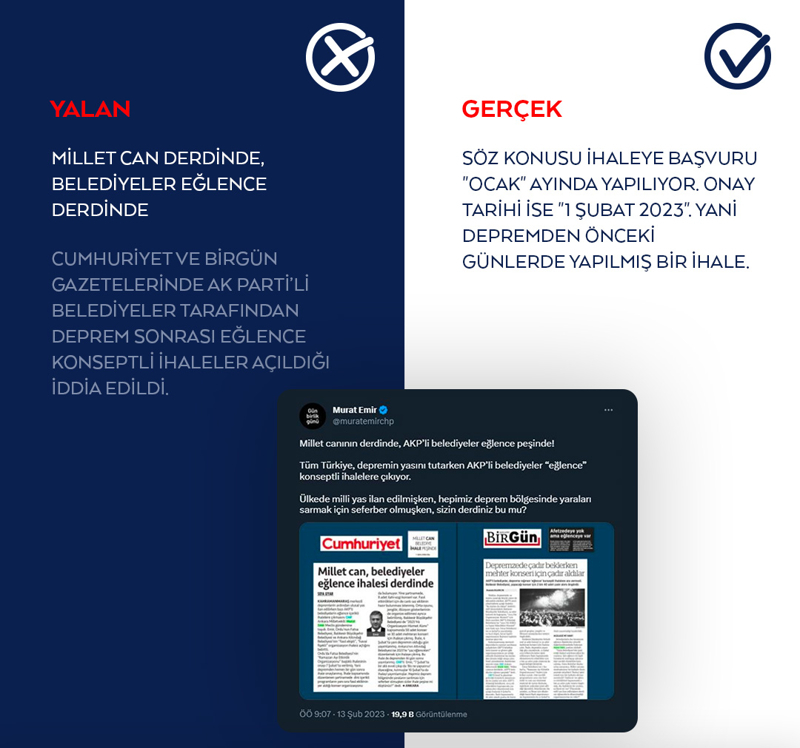 <p>Cumhuriyet ve Birgün gazetelerinde AK Parti'li belediyeler tarafından deprem sonrası eğlence konseptli ihaleler açıldığı iddia edildi.</p>