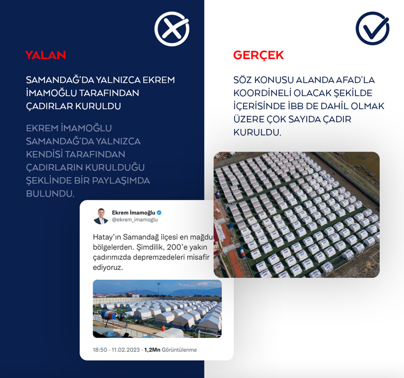 <p>Ekrem İmamoğlu Samandağ'da yalnızca kendisi tarafından çadırların kurulduğu şeklinde bir paylaşımda bulundu.</p>
