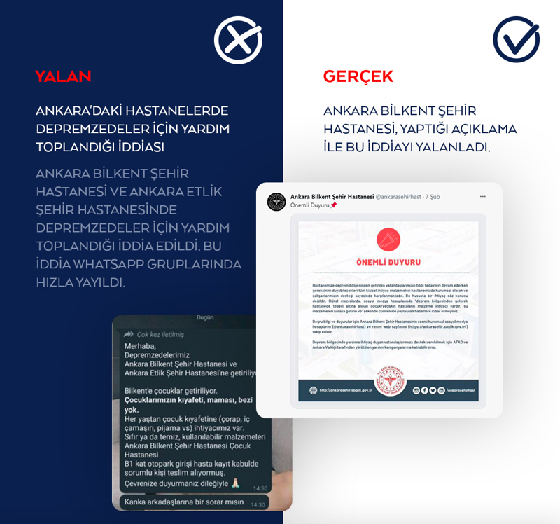 <p>Ankara Bilkent Şehir Hastanesi ve Ankara Etlik Şehir hastanesinde depremzedeler için yardım toplandığı iddia edildi. Bu iddia Whatsapp gruplarında hızla yayıldı.</p>