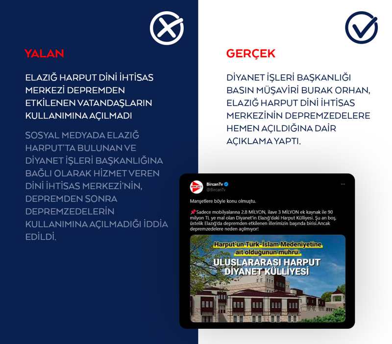 <p>Sosyal medyada Elazığ Harput'ta bulunan ve Diyanet İşleri Başkanlığına bağlı olarak hizmet veren Dini İhtisas Merkezi'nin, depremden sonra depremzedelerin kullanımına açılmadığı iddia edildi.</p>