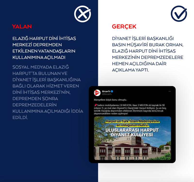 <p>Sosyal medyada Elazığ Harput'ta bulunan ve Diyanet İşleri Başkanlığına bağlı olarak hizmet veren Dini İhtisas Merkezi'nin, depremden sonra depremzedelerin kullanımına açılmadığı iddia edildi.</p>