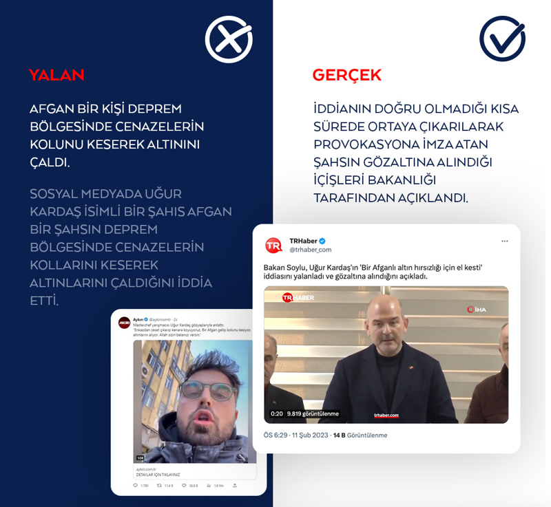 <p>Sosyal medyada Uğur Kardaş isimli bir şahıs Afgan bir şahsın deprem bölgesinde cenazelerin kollarını keserek altınlarını çaldığını iddia etti.</p>