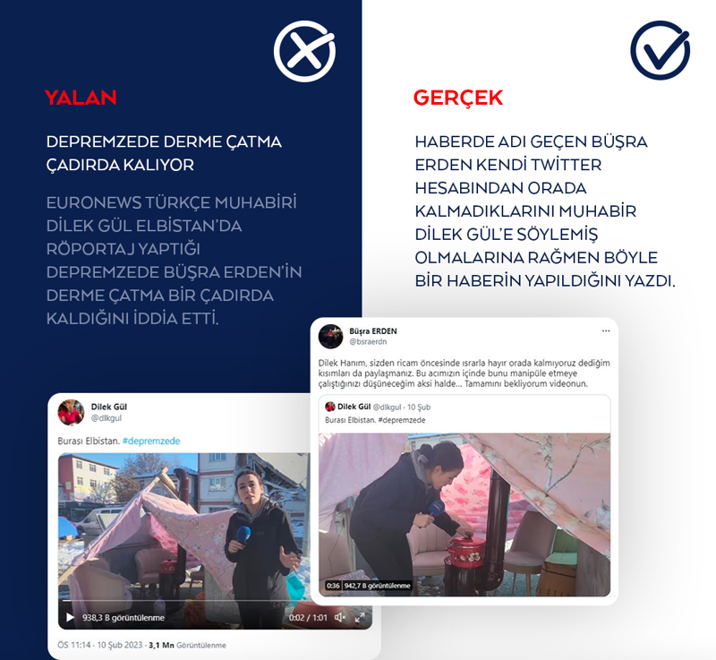 <p>Euronews Türkçe muhabiri Dilek Gül Elbistan'da röportaj yaptığı depremzede Büşra Erden'in derme çatma bir çadırda kaldığını iddia etti.</p>