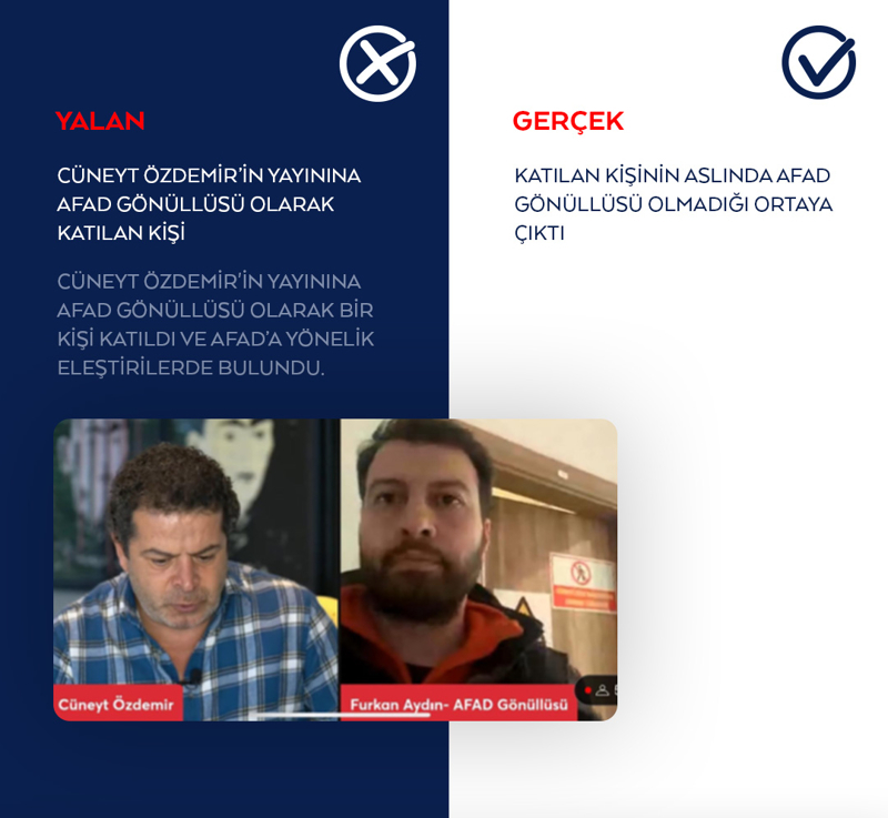 <p><b>Cüneyt Özdemir'in yayınına AFAD gönüllüsü olarak bir kişi katıldı ve AFAD'a yönelik eleştirilerde bulundu.<br></b><br>Sözkonusu kişinin AFAD gönüllüsü olmadığı ortaya çıktı.</p>