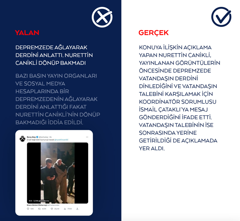 <p>Bazı basın yayın organları ve sosyal medya hesaplarında bir depremzedenin ağlayarak derdini anlattığı fakat Nurettin Canikli'nin dönüp bakmadığı iddia edildi.</p>