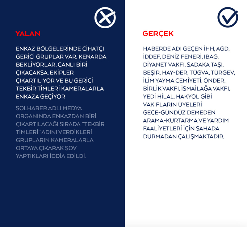 <p>SolHaber adlı medya organında enkazdan biri çıkartılacağı sırada 'tekbir timleri' adını verdikleri grupların kameralarla ortaya çıkarak şov yaptıkları iddia edildi.</p>