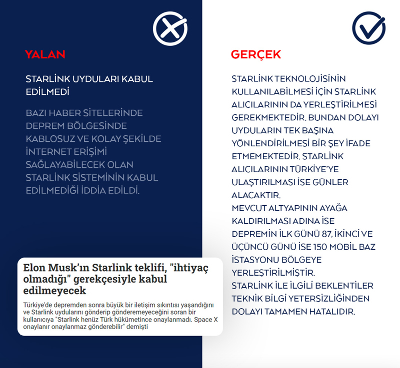 <p>Bazı haber sitelerinde deprem bölgesinde kablosuz ve kolay şekilde internet erişimi sağlayabilecek olan Starlink sisteminin kabul edilmediği iddia edildi.</p>