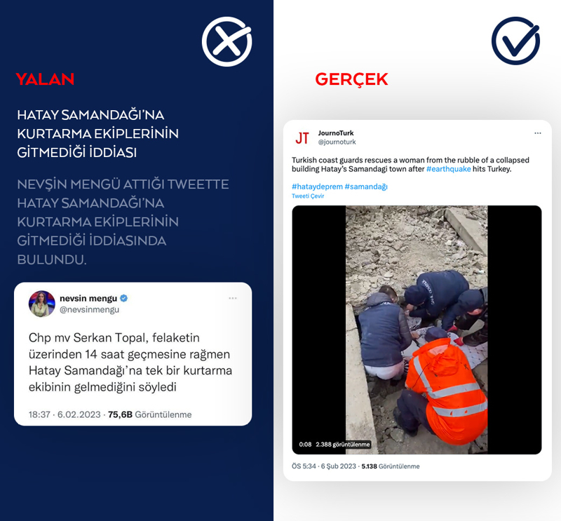 <p>Nevşin Mengü attığı tweette Hatay Samandağı'na kurtarma ekiplerinin gitmediği iddiasında bulundu.</p>