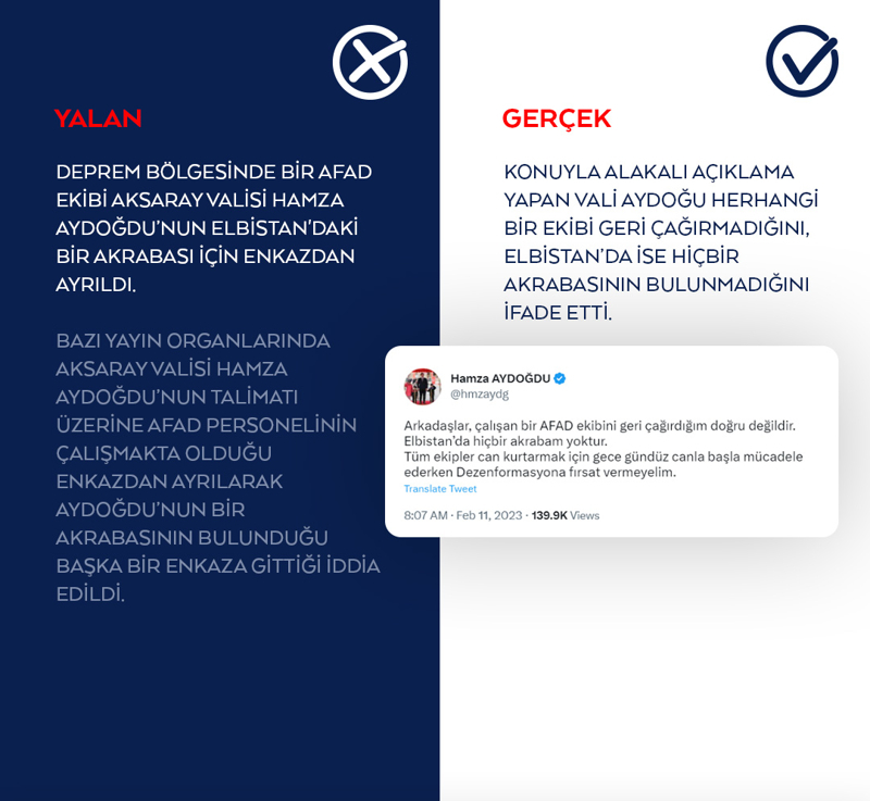 <p>Bazı yayın organlarında Aksaray Valisi Hamza Aydoğdu'nun talimatı üzerine AFAD personelinin çalışmakta olduğu enkazdan ayrılarak Aydoğdu'nun bir akrabasının bulunduğu başka bir enkaza gittiği iddia edildi.</p>