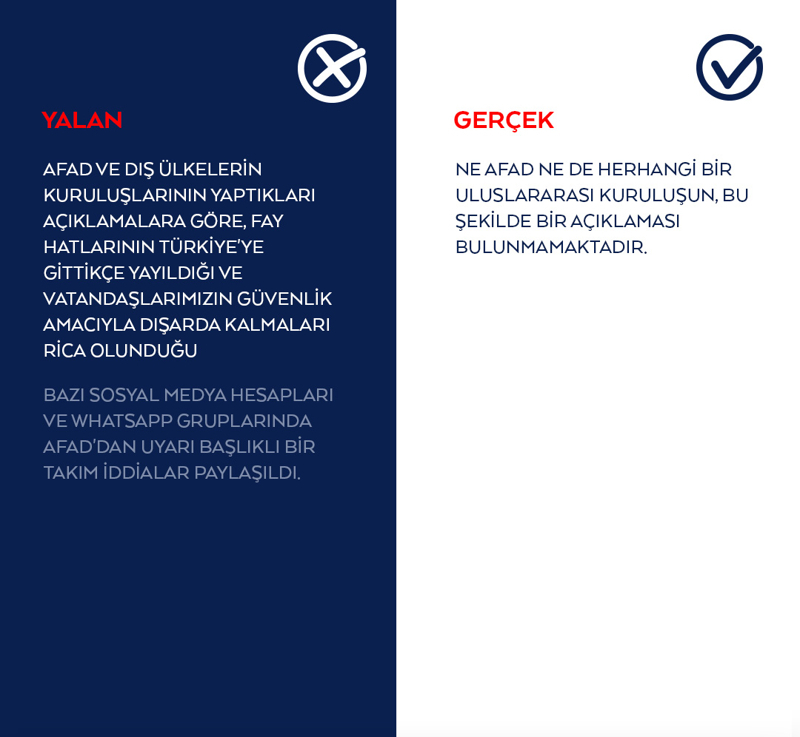 <header><p><strong>AFAD ve dış ülkelerin kuruluşlarının yaptıkları açıklamalara göre, fay hatlarının Türkiye'ye gittikçe yayıldığı ve vatandaşlarımızın güvenlik amacıyla dışarda kalmaları rica olunduğu iddiası</strong></p></header>
