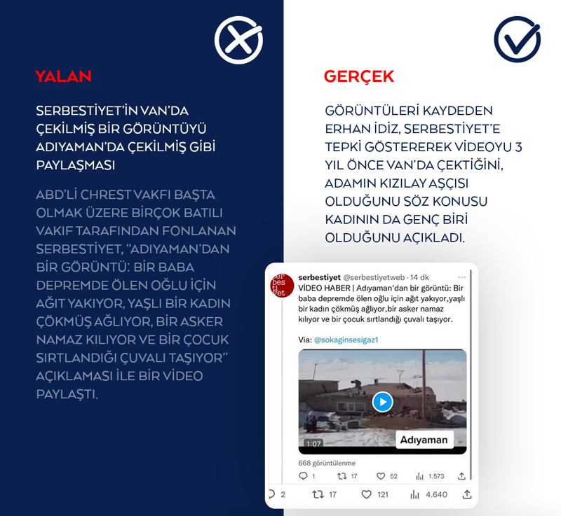 <p>ABD'li Chrest Vakfı başta olmak üzere birçok batılı vakıf tarafından fonlanan Serbestiyet, 'Adıyaman'dan bir görüntü: Bir baba depremde ölen oğlu için ağıt yakıyor, yaşlı bir kadın çökmüş ağlıyor, bir asker namaz kılıyor ve bir çocuk sırtlandığı çuvalı taşıyor' açıklaması ile bir video paylaştı.</p>