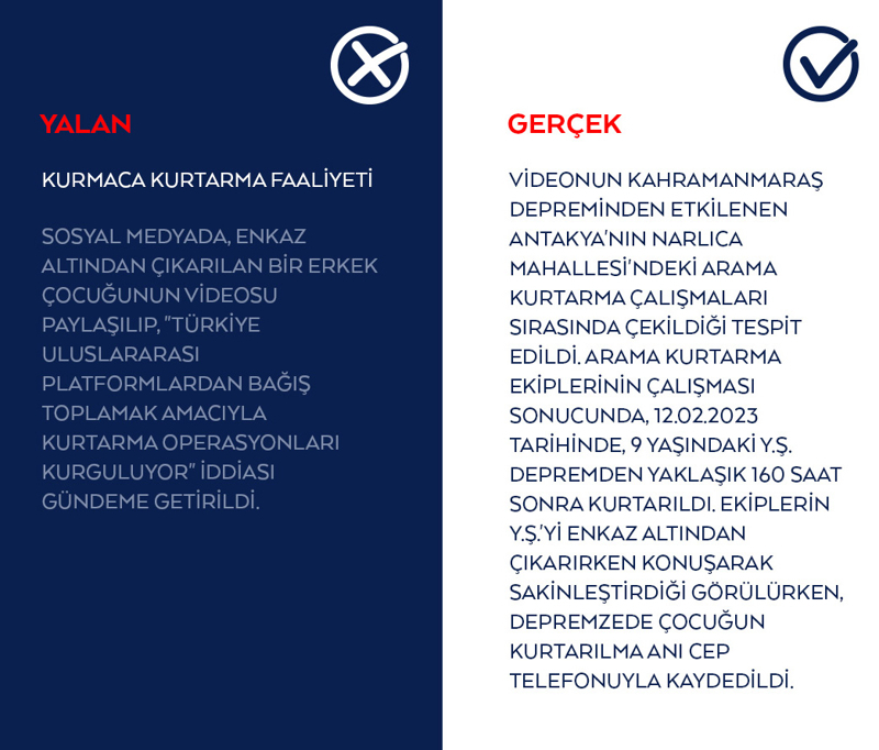 <p>Sosyal medyada, enkaz altından çıkarılan bir erkek çocuğunun videosu paylaşılıp, 'Türkiye uluslararası platformlardan bağış toplamak amacıyla kurtarma operasyonları kurguluyor' iddiası gündeme getirildi.</p>