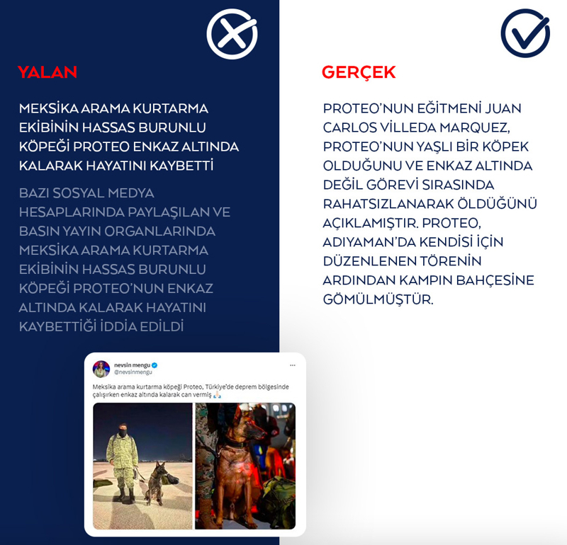 <p>Bazı sosyal medya hesaplarında paylaşılan ve basın yayın organlarında Meksika arama kurtarma ekibinin hassas burunlu köpeği Proteo'nun enkaz altında kalarak hayatını kaybettiği iddia edildi</p>