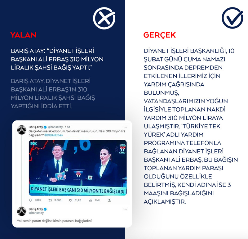 <p>Barış Atay, Diyanet İşleri Başkanı Ali Erbaş'ın 310 milyon liralık şahsi bağış yaptığını iddia etti.</p>