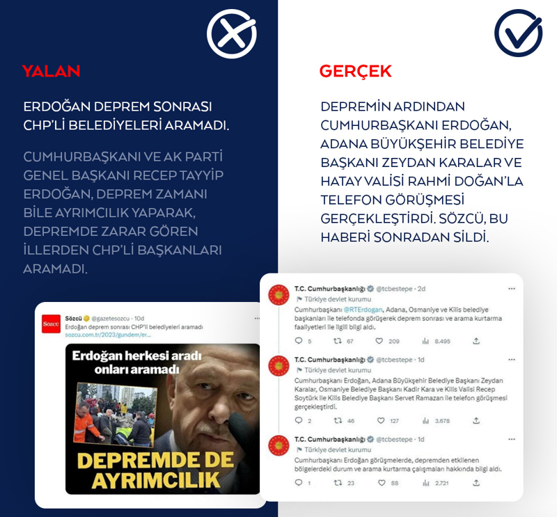 <p><b>'Cumhurbaşkanı Recep Tayyip Erdoğan'ın deprem zamanı ayrımcılık yaparak, depremde zarar gören illerden CHP'li başkanları aramadığı' iddia edildi.</b></p>