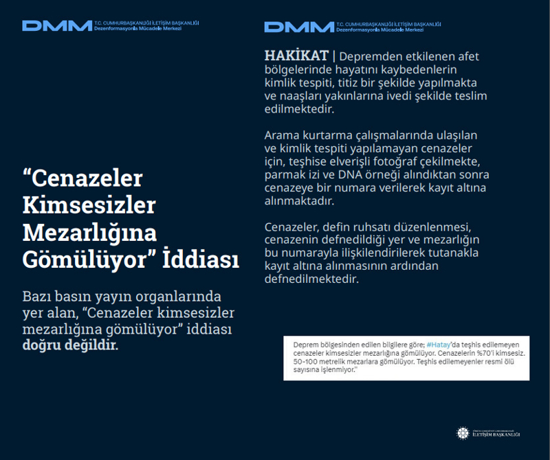 <p><b>'Cenazeler Kimsesizler Mezarlığına Gömülüyor' İddiası <br></b><br>Bazı basın yayın organlarında yer alan, 'Cenazeler kimsesizler mezarlığına gömülüyor' iddiası doğru değildir.<br><br><b>HAKİKAT | </b>Depremden etkilenen afet bölgelerinde hayatını kaybedenlerin kimlik tespiti, titiz bir şekilde yapılmakta ve naaşları yakınlarına ivedi şekilde teslim edilmektedir. Arama kurtarma çalışmalarında ulaşılan ve kimlik tespiti yapılamayan cenazeler için, teşhise elverişli fotoğraf çekilmekte, parmak izi ve DNA örneği alındıktan sonra cenazeye bir numara verilerek kayıt altına alınmaktadır. Cenazeler, defin ruhsatı düzenlenmesi, cenazenin defnedildiği yer ve mezarlığın bu numarayla ilişkilendirilerek tutanakla kayıt altına alınmasının ardından defnedilmektedir.<br></p>