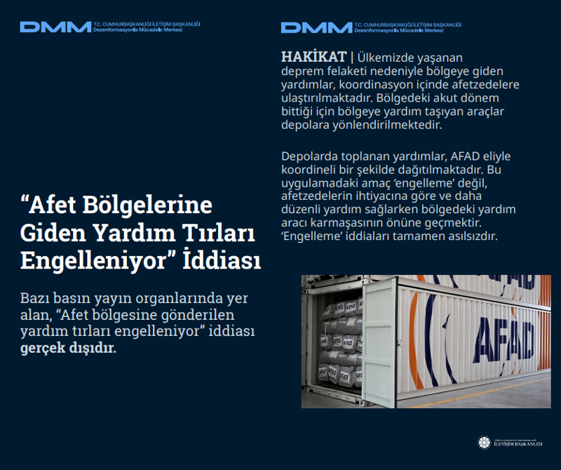 <p><b>'Afet Bölgelerine Giden Yardım Tırları Engelleniyor' İddiası <br></b><br>Bazı basın yayın organlarında yer alan, 'Afet bölgesine gönderilen yardım tırları engelleniyor' iddiası gerçek dışıdır.</p><p><br></p><p><b>HAKİKAT</b> | Ülkemizde yaşanan deprem felaketi nedeniyle bölgeye giden yardımlar, koordinasyon içinde afetzedelere ulaştırılmaktadır. Bölgedeki akut dönem bittiği için bölgeye yardım taşıyan araçlar depolara yönlendirilmektedir. Depolarda toplanan yardımlar, AFAD eliyle koordineli bir şekilde dağıtılmaktadır. Bu uygulamadaki amaç 'engelleme' değil, afetzedelerin ihtiyacına göre ve daha düzenli yardım sağlarken bölgedeki yardım aracı karmaşasının önüne geçmektir. 'Engelleme' iddiaları tamamen asılsızdır.<br></p>